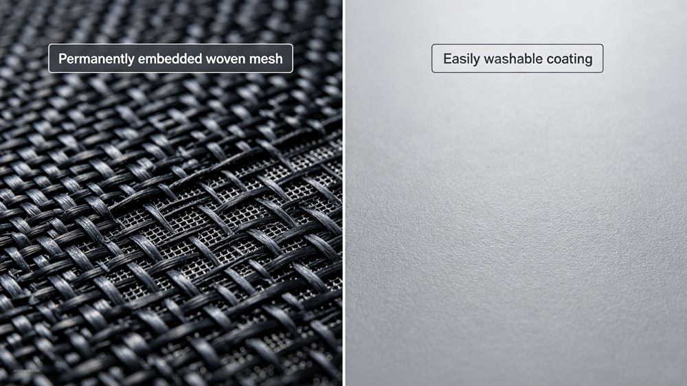 Close-up: permanent carbon grid weave vs topical anti-static coating